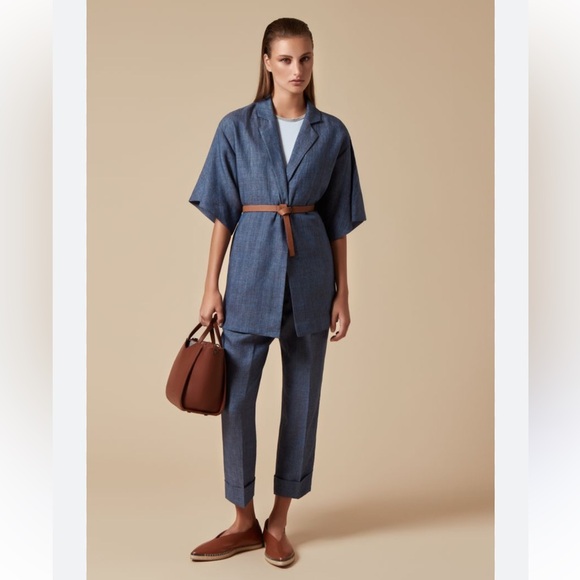 FABIANA FILIPPI Linen Cotton Blue Pants Blouse Set Large - Picture 1 of 12